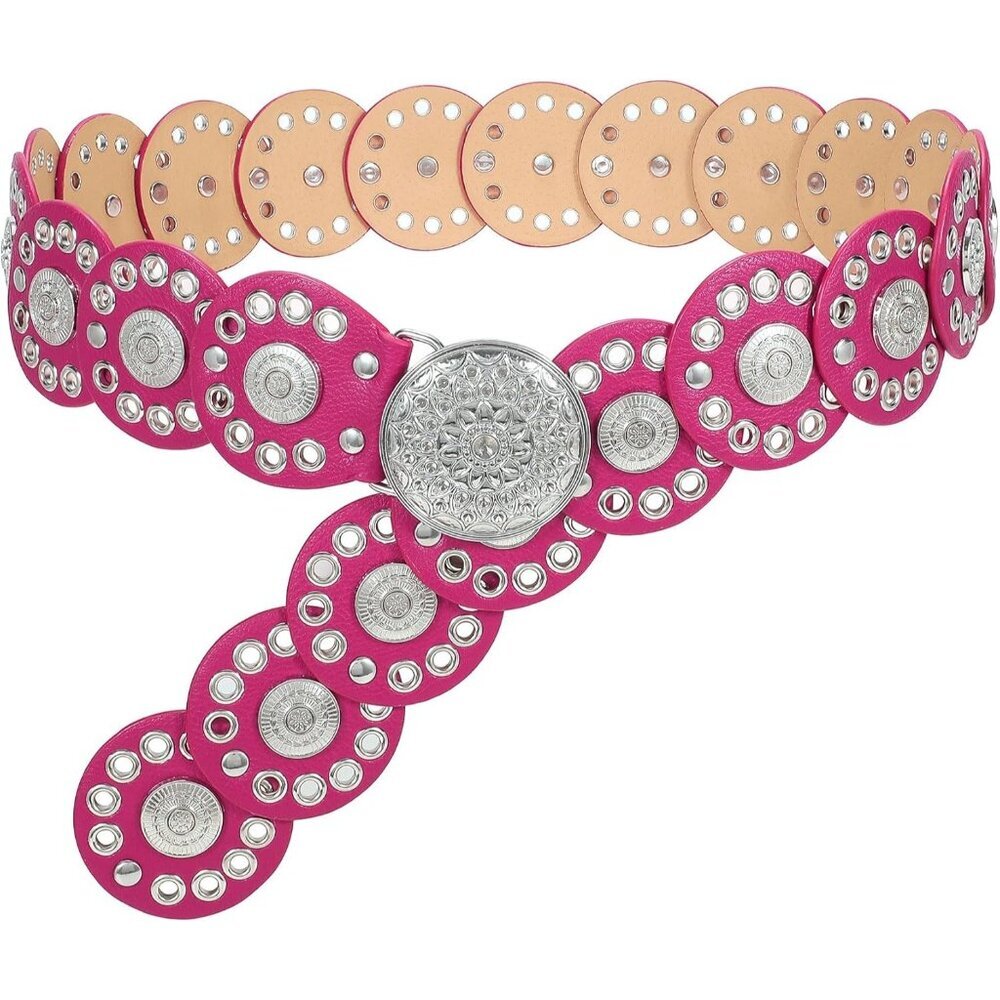 Women Vintage Disc Waist Concho Leather Belt Boho Waist Belt Rose Red Silver